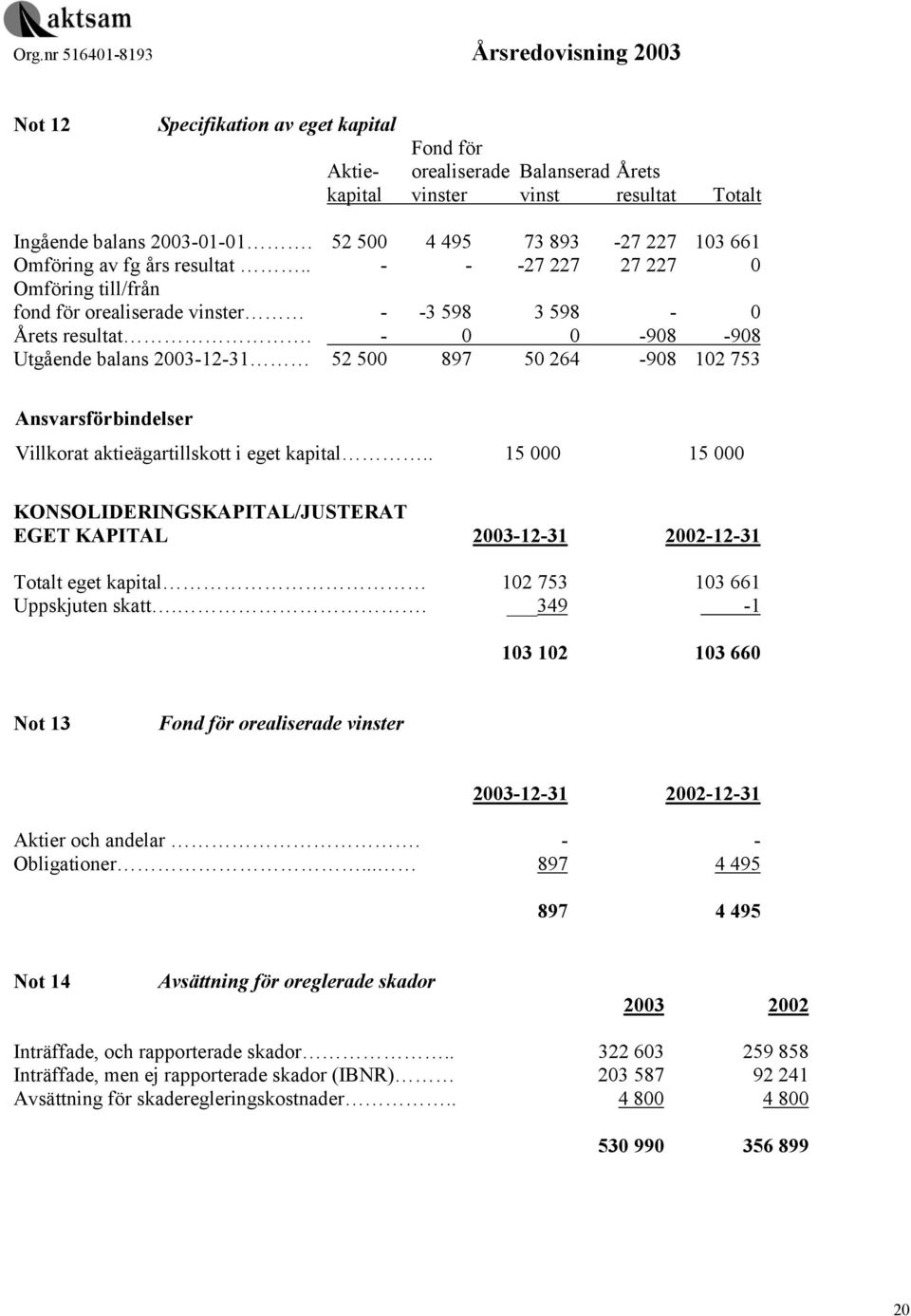 - 0 0-908 -908 Utgående balans 2003-12-31 52 500 897 50 264-908 102 753 Ansvarsförbindelser Villkorat aktieägartillskott i eget kapital.