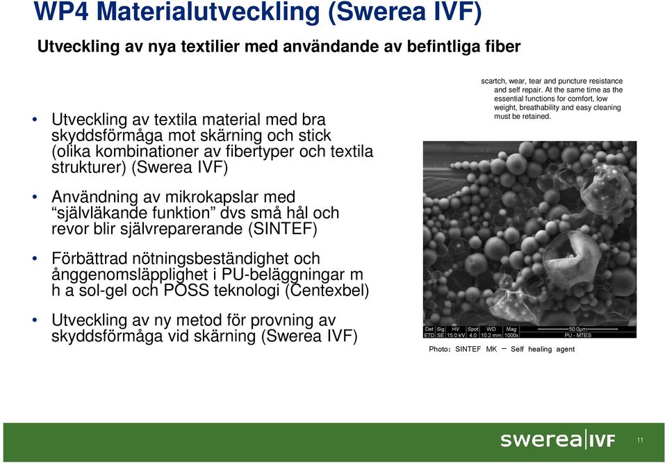 nötningsbeständighet och ånggenomsläpplighet i PU-beläggningar m h a sol-gel och POSS teknologi (Centexbel) Utveckling av ny metod för provning av skyddsförmåga vid skärning (Swerea IVF)