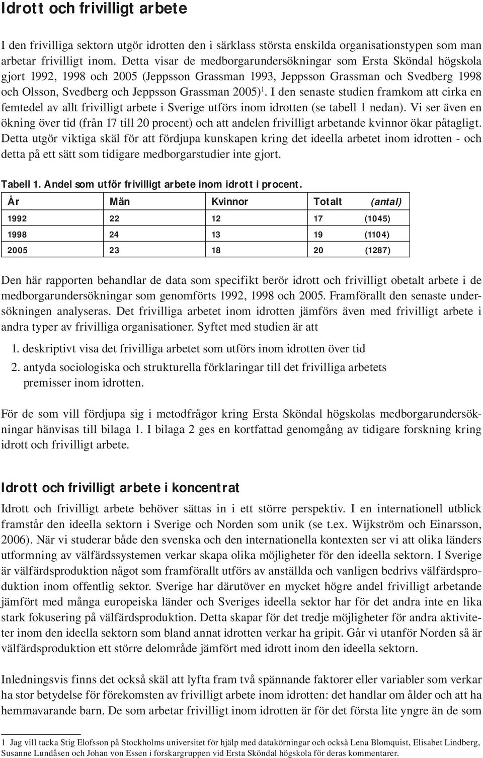 2005) 1. I den senaste studien framkom att cirka en femtedel av allt frivilligt arbete i Sverige utförs inom idrotten (se tabell 1 nedan).
