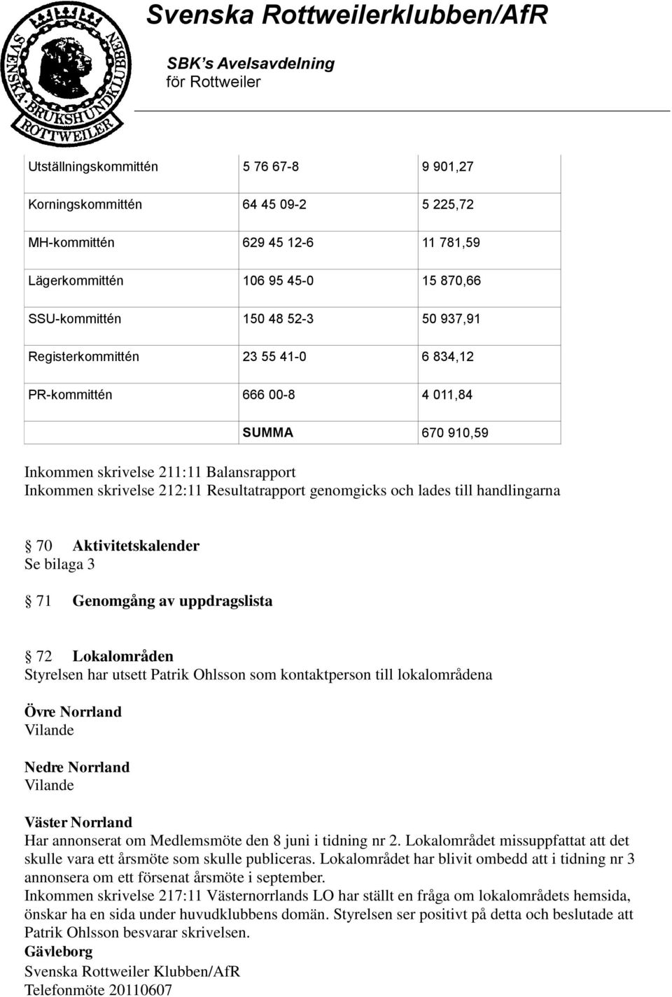 handlingarna 70 Aktivitetskalender Se bilaga 3 71 Genomgång av uppdragslista 72 Lokalområden Styrelsen har utsett Patrik Ohlsson som kontaktperson till lokalområdena Övre Norrland Vilande Nedre