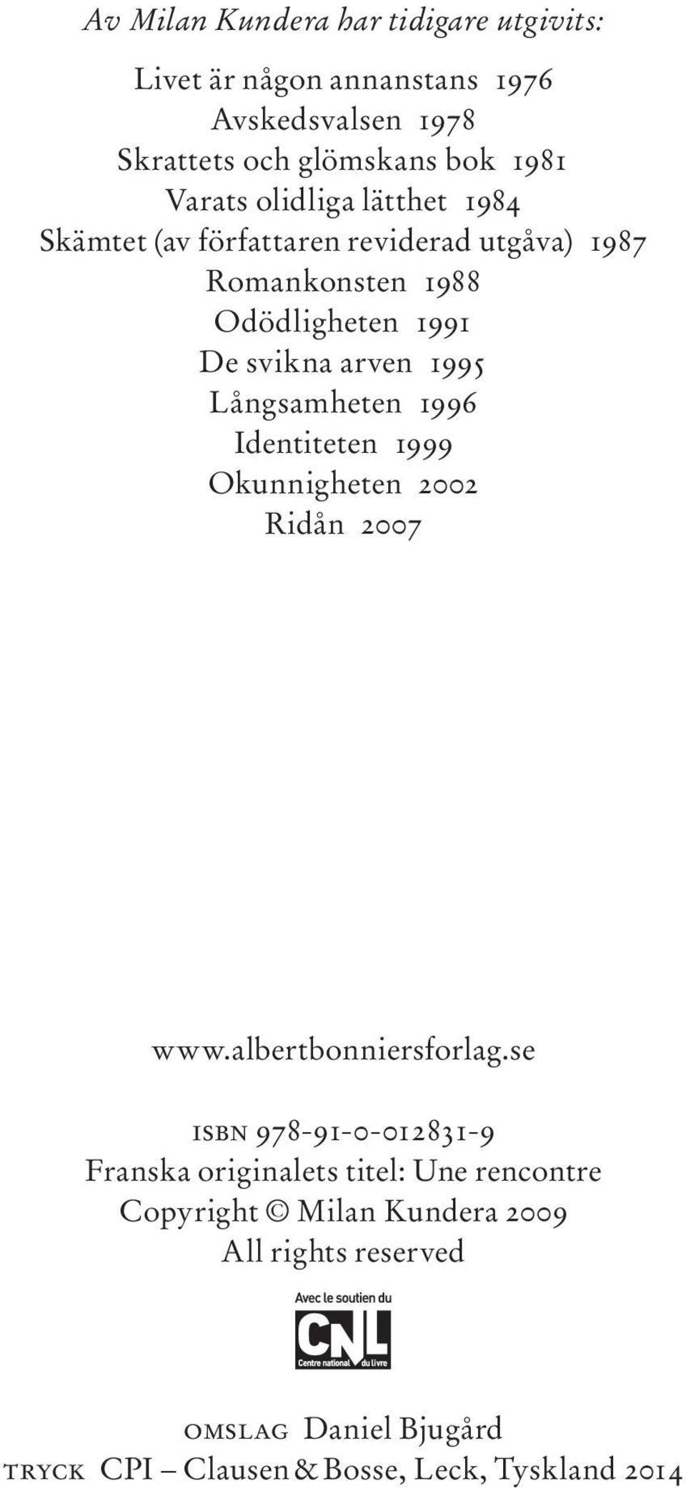 Långsamheten 1996 Identiteten 1999 Okunnigheten 2002 Ridån 2007 www.albertbonniersforlag.