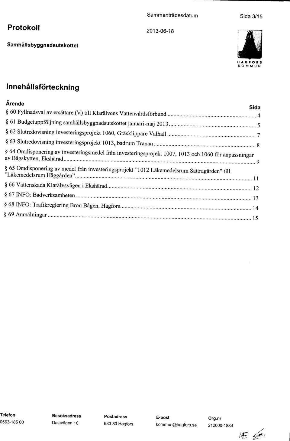 investeringsmedel från investeringsprojekt 1007, 1013 och 1060 ffir anpassningar av Bågskytten, Ekshärad 9 65 Omdisponering av medel från investeringsproj ekt 1012 Läkemedeisrum