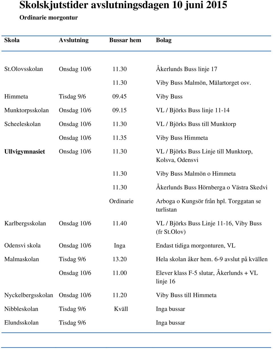 35 Viby Buss Himmeta Ullvigymnasiet Onsdag 10/6 11.30 VL / Björks Buss Linje till Munktorp, Kolsva, Odensvi 11.30 Viby Buss Malmön o Himmeta 11.