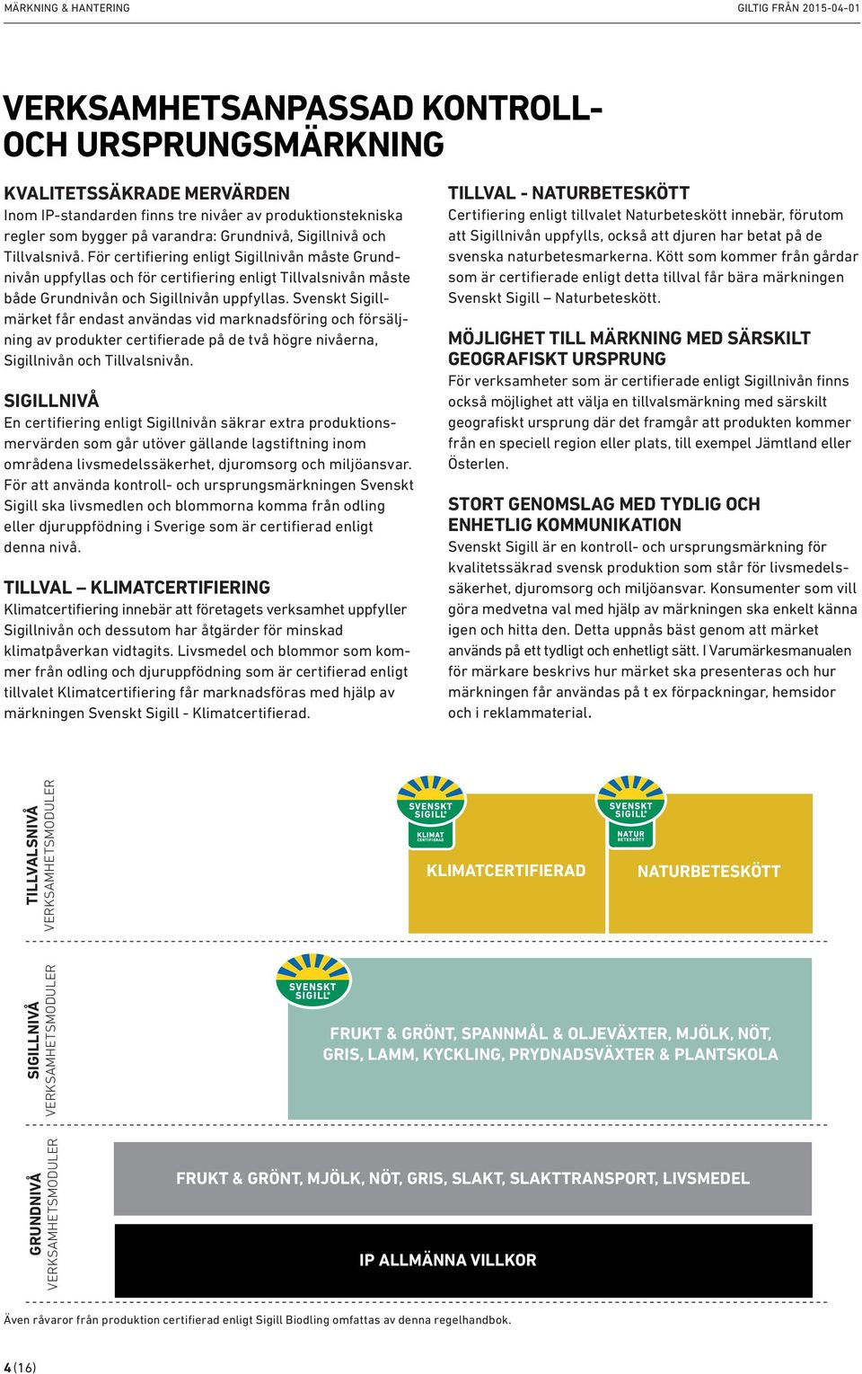 För certifiering enligt Sigillnivån måste Grundnivån uppfyllas och för certifiering enligt Tillvalsnivån måste både Grundnivån och Sigillnivån uppfyllas.