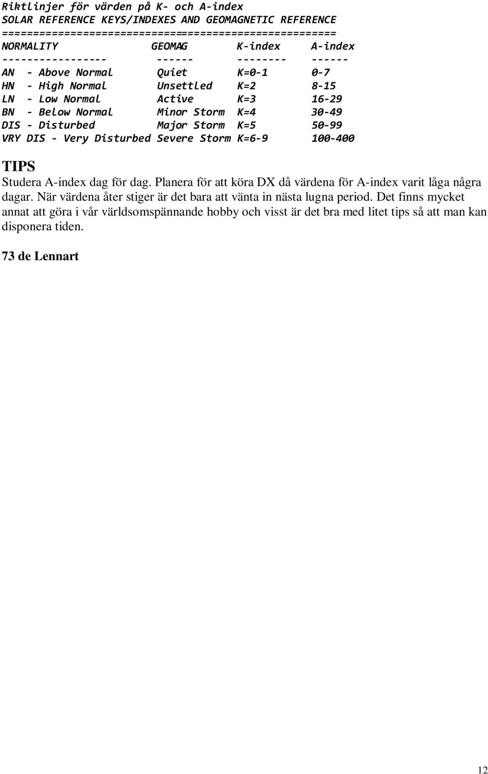 Major Storm K=5 50-99 VRY DIS - Very Disturbed Severe Storm K=6-9 100-400 TIPS Studera A-index dag för dag. Planera för att köra DX då värdena för A-index varit låga några dagar.