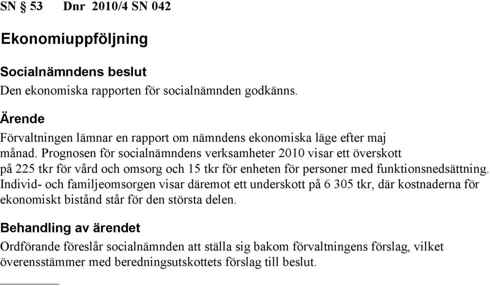 Prognosen för socialnämndens verksamheter 2010 visar ett överskott på 225 tkr för vård och omsorg och 15 tkr för enheten för personer med