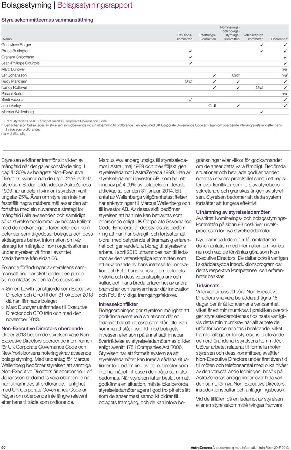 styrelsens beslut i enlighet med UK Corporate Governance Code. 2 Leif Johansson betraktades av styrelsen som oberoende vid sin utnämning till ordförande.