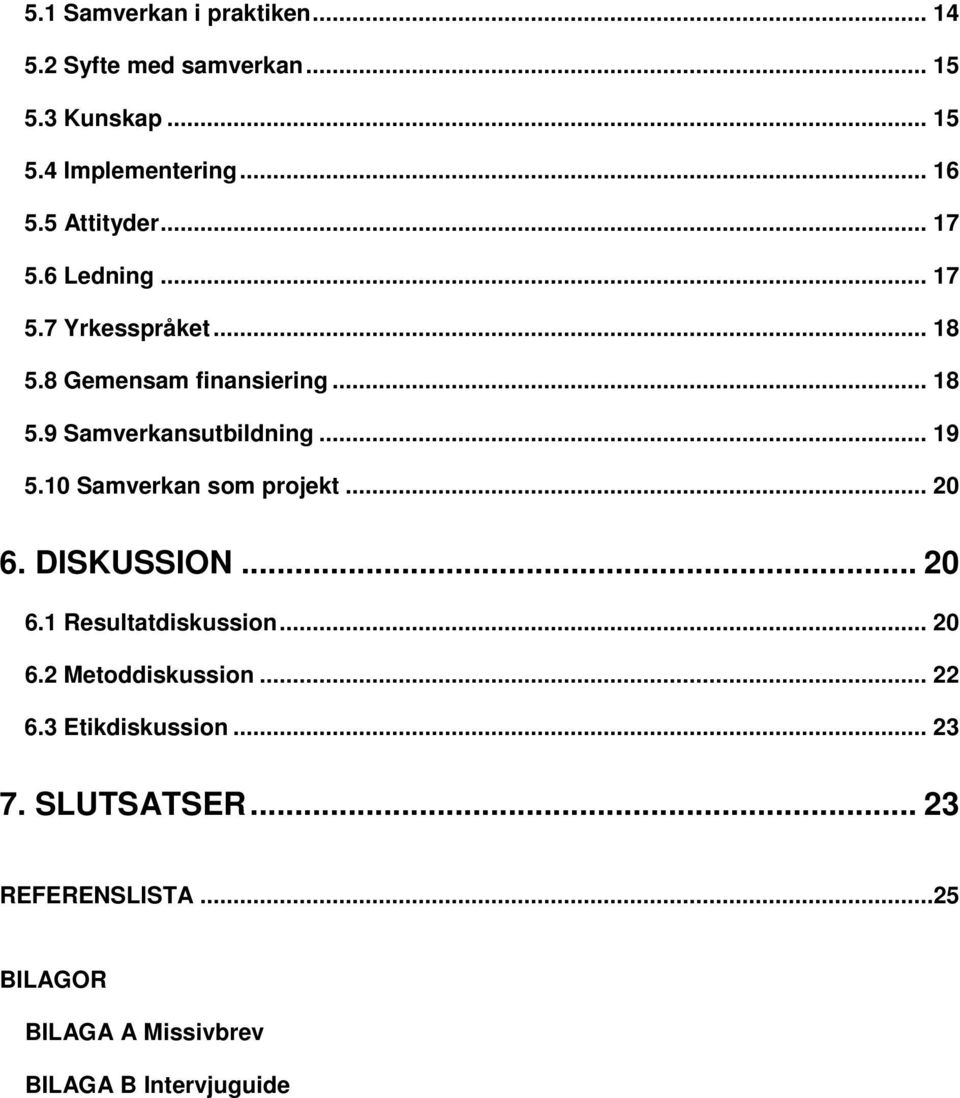 .. 19 5.10 Samverkan som projekt... 20 6. DISKUSSION... 20 6.1 Resultatdiskussion... 20 6.2 Metoddiskussion.