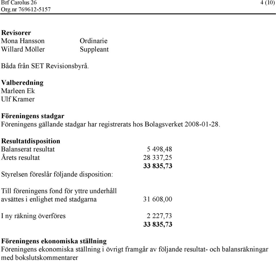 Resultatdisposition Balanserat resultat 5 498,48 Årets resultat 28 337,25 33 835,73 Styrelsen föreslår följande disposition: Till föreningens fond för yttre