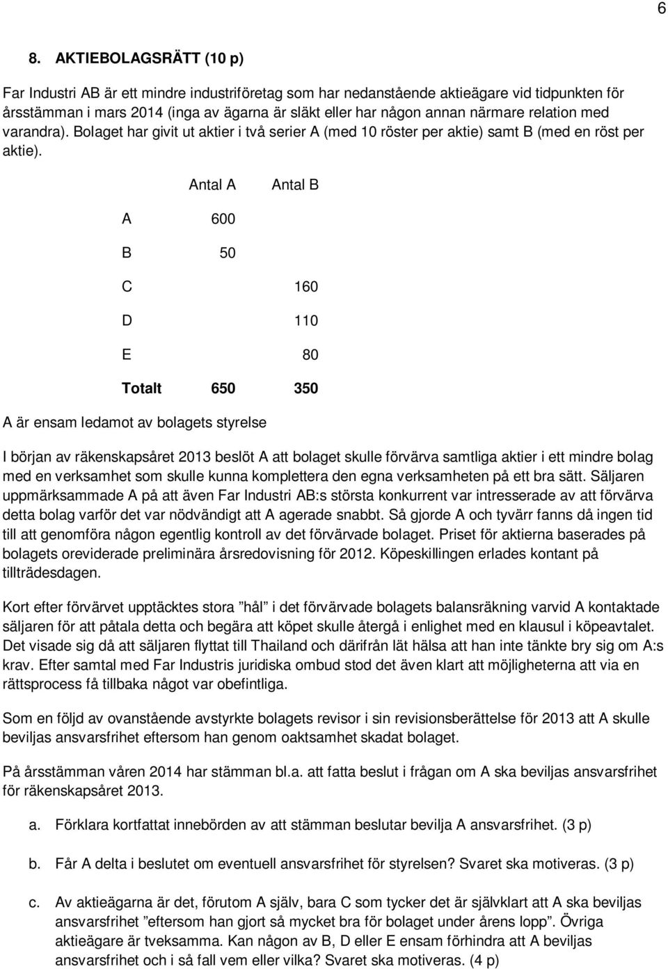 Antal A Antal B A 600 B 50 C 160 D 110 E 80 Totalt 650 350 A är ensam ledamot av bolagets styrelse I början av räkenskapsåret 2013 beslöt A att bolaget skulle förvärva samtliga aktier i ett mindre