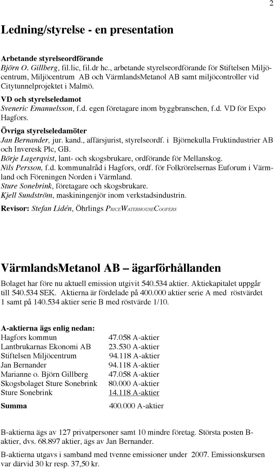 VD och styrelseledamot Sveneric Emanuelsson, f.d. egen företagare inom byggbranschen, f.d. VD för Expo Hagfors. Övriga styrelseledamöter Jan Bernander, jur. kand., affärsjurist, styrelseordf.