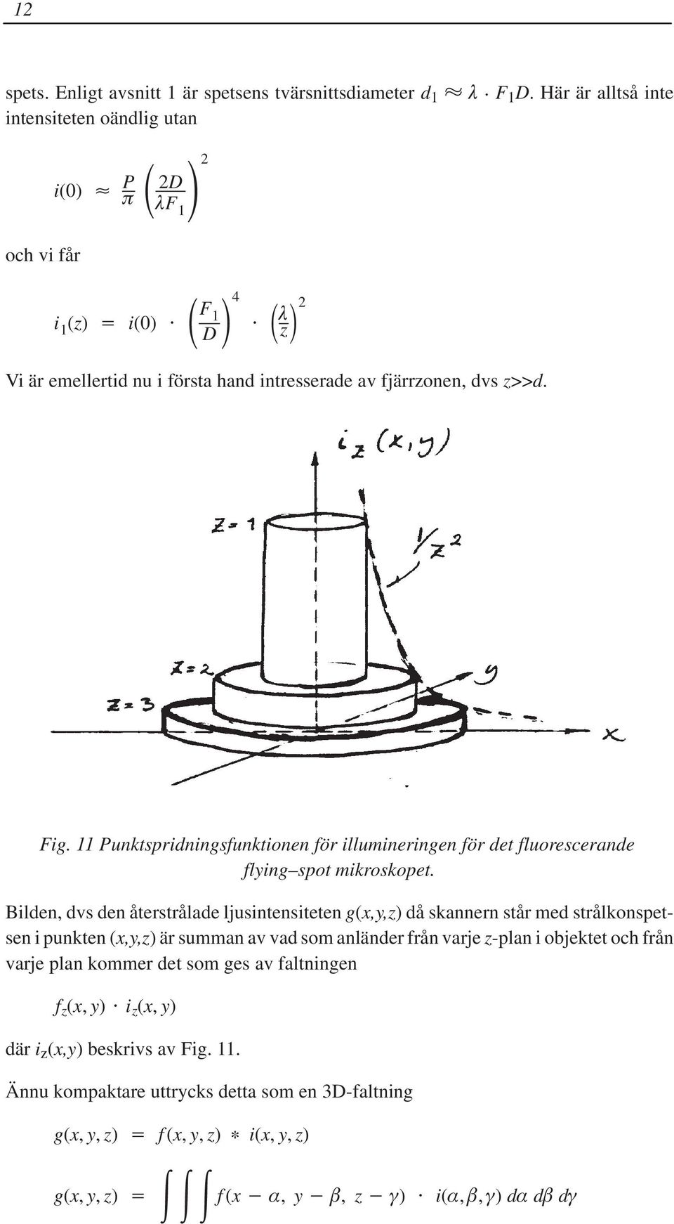 11 Punktspridningsfunktionen för illumineringen för det fluorescerande flying spot mikroskopet.