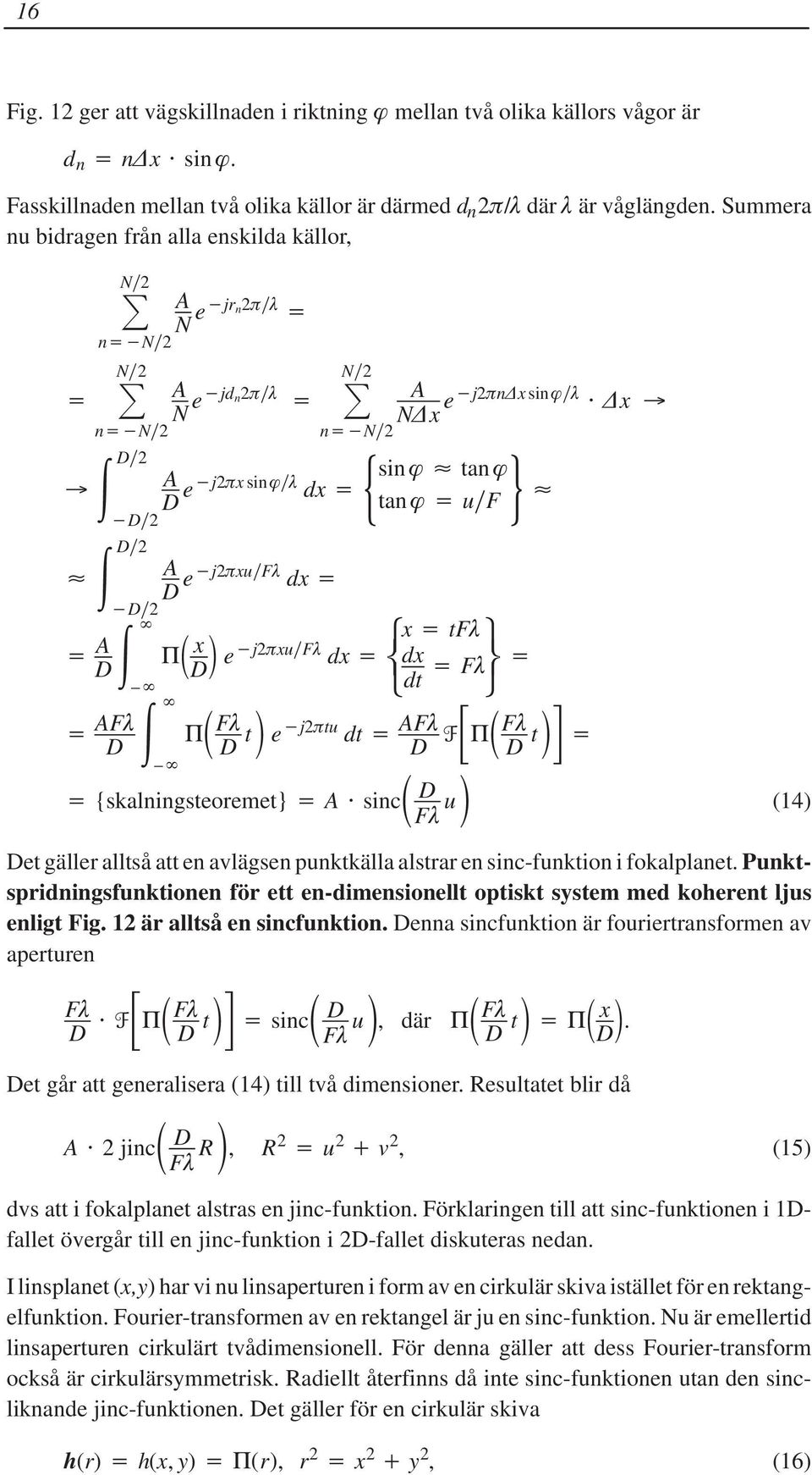 sinc D F u A N x e j2 n x sin x x tf dx x e D j2 xu F dx dt F F D t e j2 tu dt AF D F D t (14) Det gäller alltså att en avlägsen punktkälla alstrar en sinc-funktion i fokalplanet.