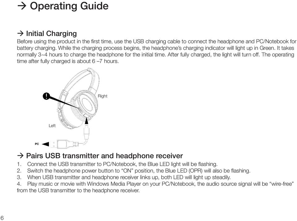 After fully charged, the light will turn off. The operating time after fully charged is about 6 7 hours. Right Left Pairs USB transmitter and headphone receiver 1.