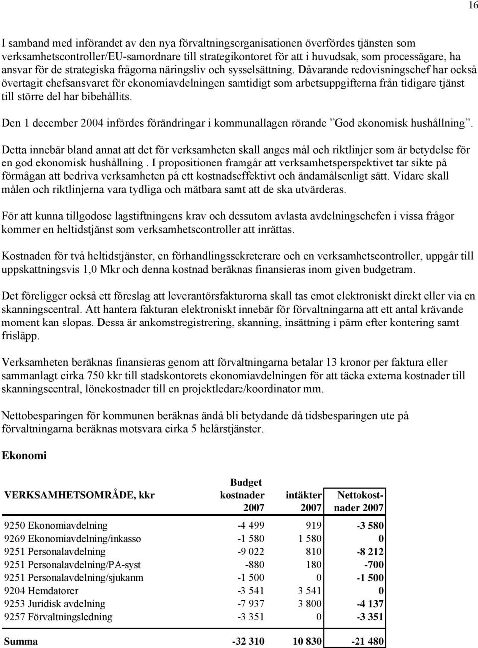 Dåvarande redvisningschef har ckså övertagit chefsansvaret för eknmiavdelningen samtidigt sm arbetsuppgifterna från tidigare tjänst till större del har bibehållits.