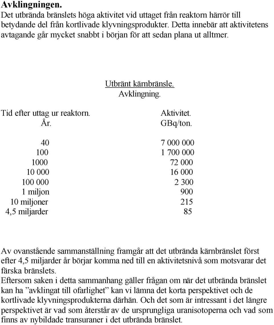 40 7 000 000 100 1 700 000 1000 72 000 10 000 16 000 100 000 2 300 1 miljon 900 10 miljoner 215 4,5 miljarder 85 Av ovanstående sammanställning framgår att det utbrända kärnbränslet först efter 4,5