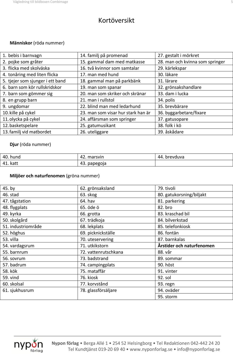 gammal man på parkbänk 31. lärare 6. barn som kör rullskridskor 19. man som spanar 32. grönsakshandlare 7. barn som gömmer sig 20. man som skriker och skränar 33. dam i lucka 8. en grupp barn 21.