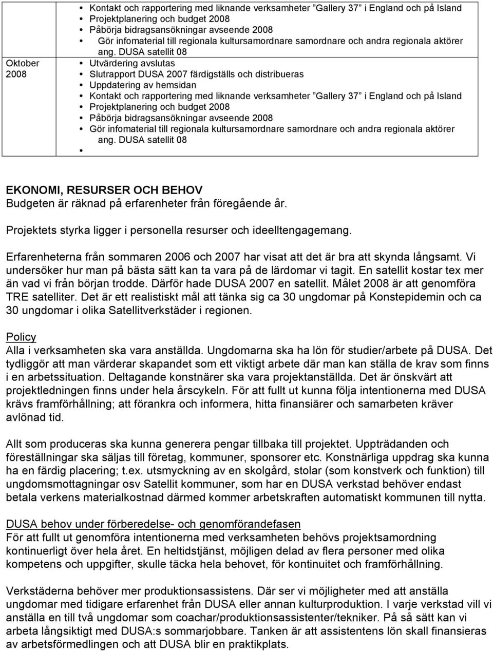 DUSA satellit 08 Utvärdering avslutas Slutrapport DUSA 2007 färdigställs och distribueras Uppdatering av hemsidan Kontakt och rapportering med liknande verksamheter Gallery 37 i England och på Island