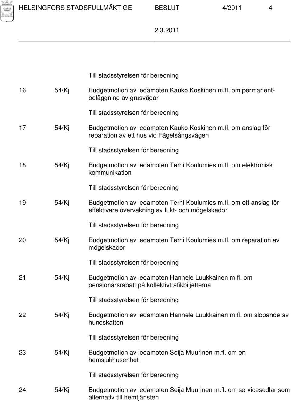 om anslag för reparation av ett hus vid Fågelsångsvägen 18 54/Kj Budgetmotion av ledamoten Terhi Koulumies m.fl.