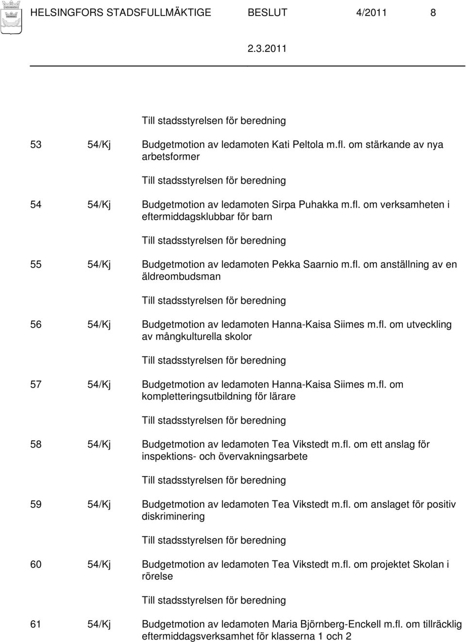 fl. om ett anslag för inspektions- och övervakningsarbete 59 54/Kj Budgetmotion av ledamoten Tea Vikstedt m.fl. om anslaget för positiv diskriminering 60 54/Kj Budgetmotion av ledamoten Tea Vikstedt m.