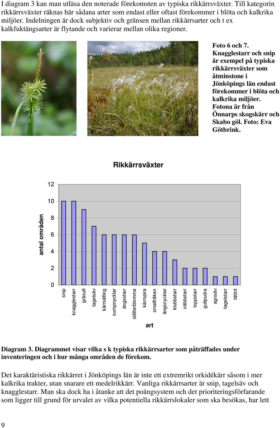 Knagglestarr och snip är exempel på typiska rikkärrsväxter som åtminstone i Jönköpings län endast förekommer i blöta och kalkrika miljöer. Fotona är från Önnarps skogskärr och Skabo göl.