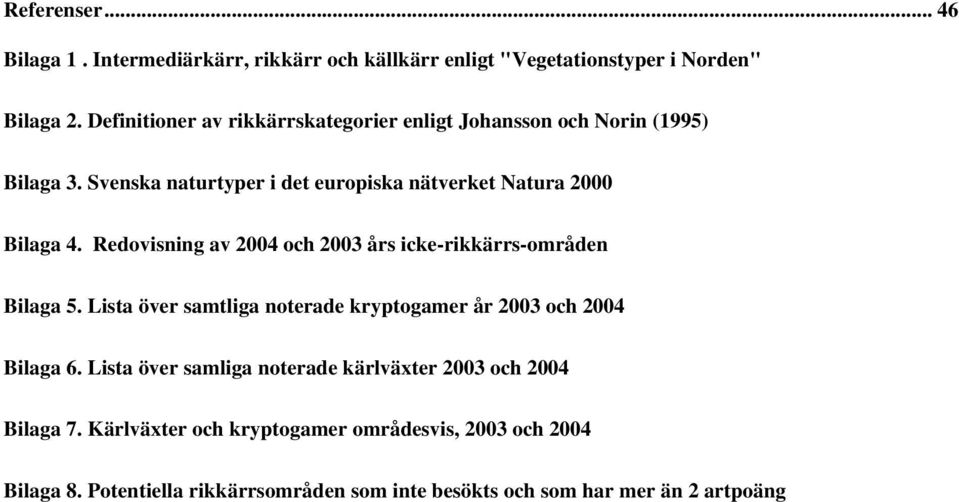 Redovisning av 2004 och 2003 års icke-rikkärrs-områden Bilaga 5. Lista över samtliga noterade kryptogamer år 2003 och 2004 Bilaga 6.