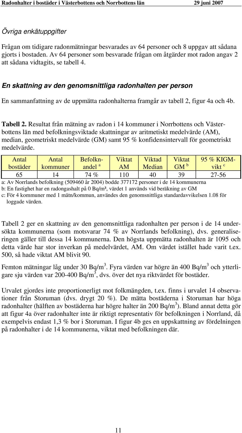 En skattning av den genomsnittliga radonhalten per person En sammanfattning av de uppmätta radonhalterna framgår av tabell 2, figur 4a och 4b. Tabell 2.