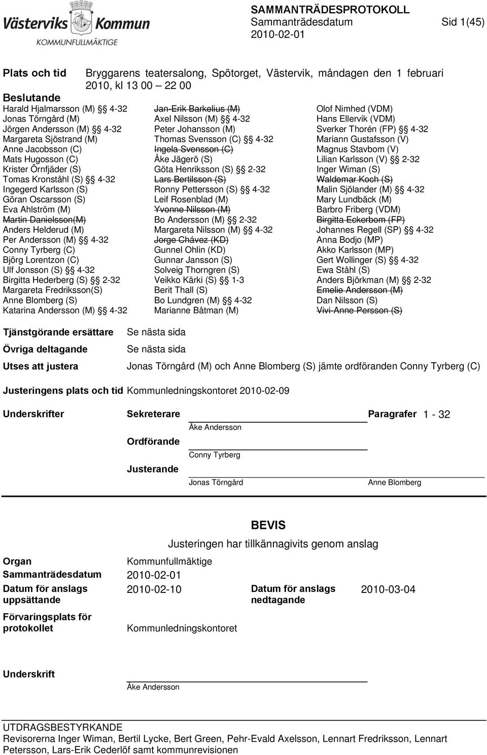 Ulf Jonsson (S) 4-32 Birgitta Hederberg (S) 2-32 Margareta Fredriksson(S) Anne Blomberg (S) Katarina Andersson (M) 4-32 Bryggarens teatersalong, Spötorget, Västervik, måndagen den 1 februari 2010, kl