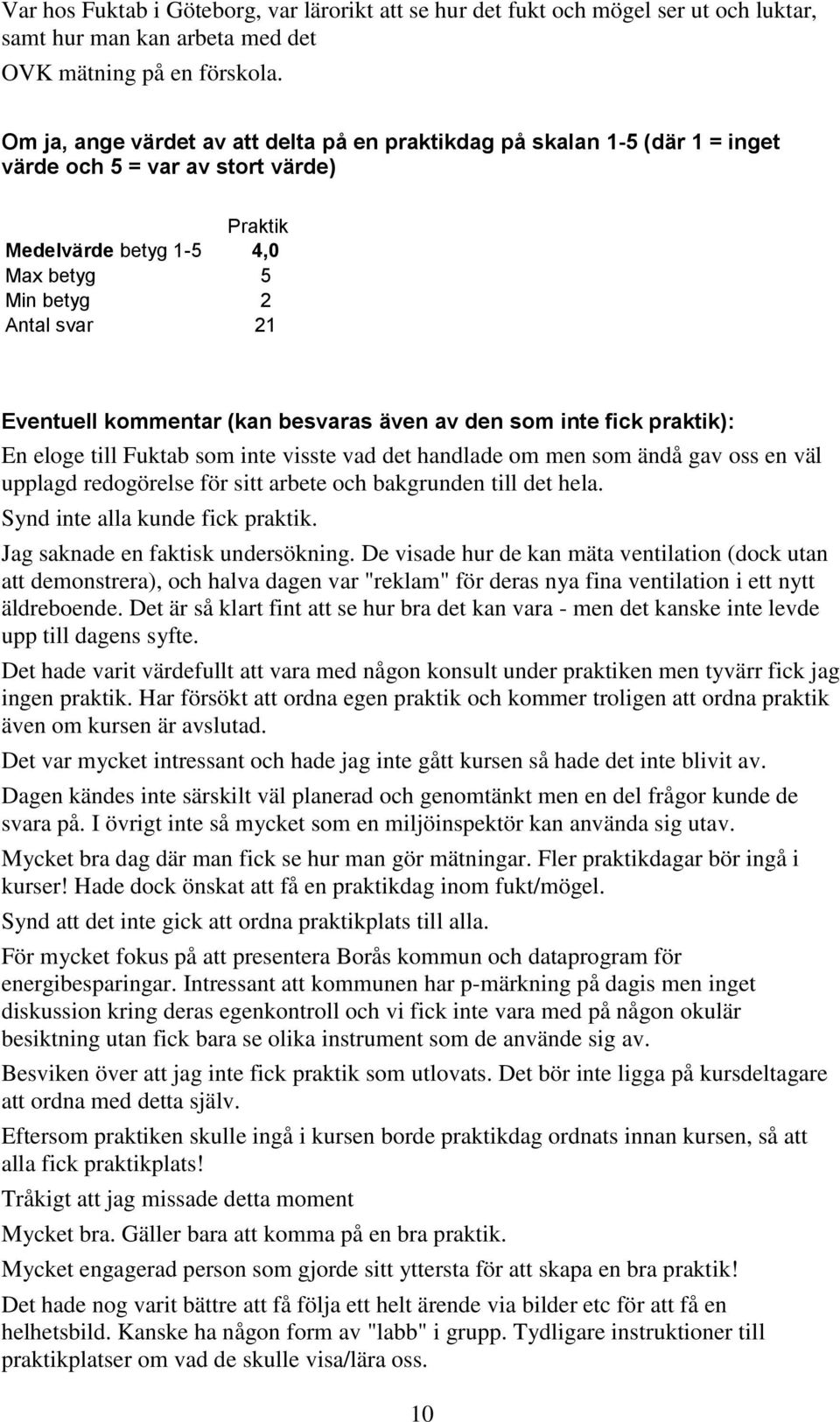 kommentar (kan besvaras även av den som inte fick praktik): En eloge till Fuktab som inte visste vad det handlade om men som ändå gav oss en väl upplagd redogörelse för sitt arbete och bakgrunden