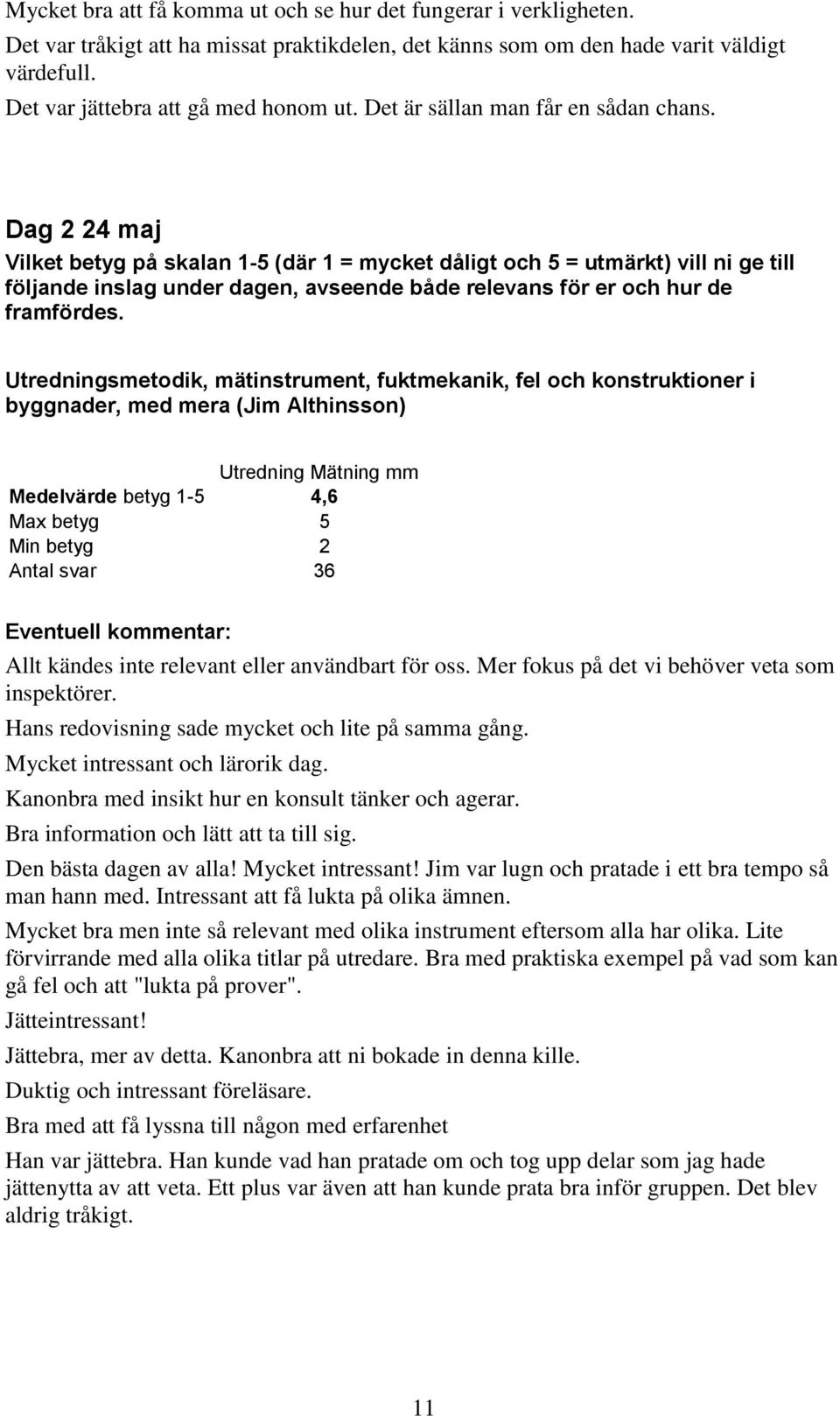 Dag 2 24 maj Vilket betyg på skalan 1-5 (där 1 = mycket dåligt och 5 = utmärkt) vill ni ge till följande inslag under dagen, avseende både relevans för er och hur de framfördes.