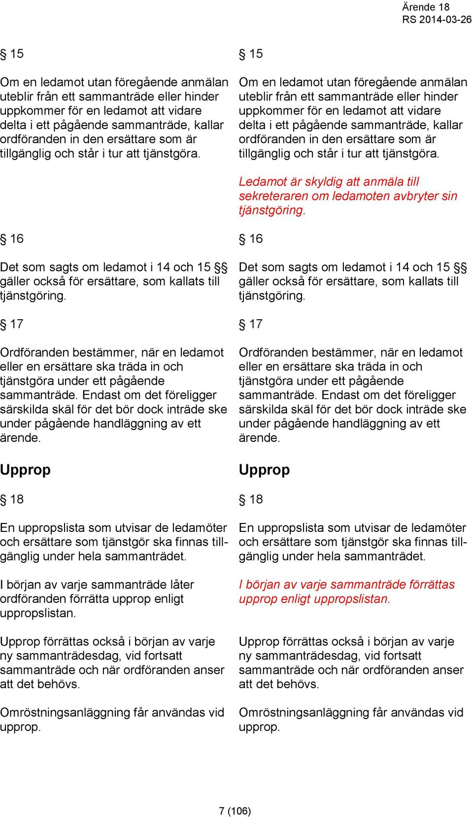 16 Det som sagts om ledamot i 14 och 15 gäller också för ersättare, som kallats till tjänstgöring.