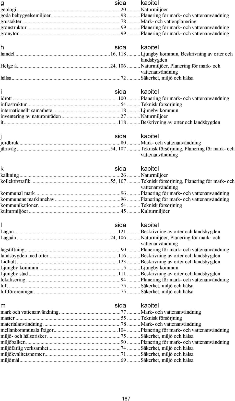 ..Naturmiljöer, Planering för mark- och hälsa...72...säkerhet, miljö och hälsa i sida kapitel idrott...100...planering för mark- och infrastruktur...54...teknisk försörjning internationellt samarbete.