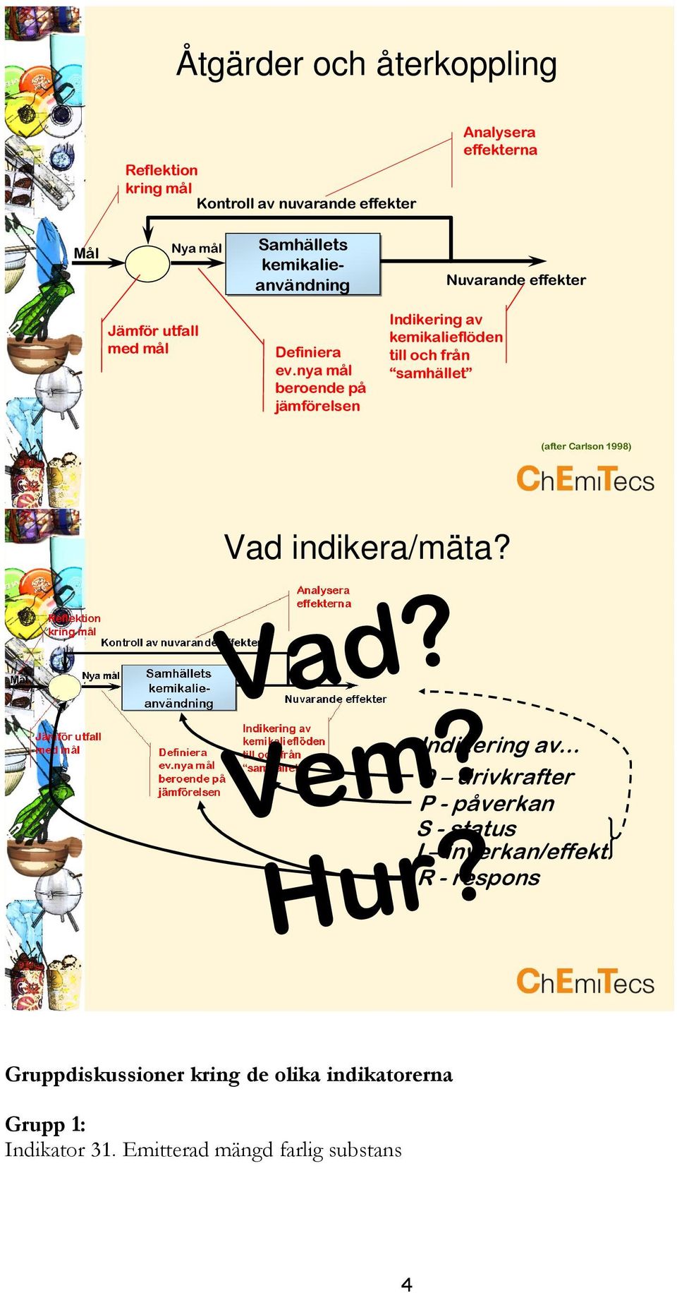 nya mål beroende på jämförelsen Indikering av kemikalieflöden till och från samhället (after Carlson 1998) Vad indikera/mäta? Vad? Vem?