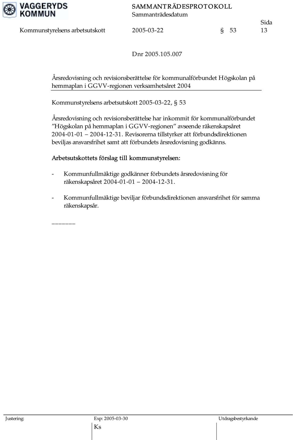 Årsredovisning och revisionsberättelse har inkommit för kommunalförbundet Högskolan på hemmaplan i GGVV-regionen avseende räkenskapsåret 2004-01-01 2004-12-31.