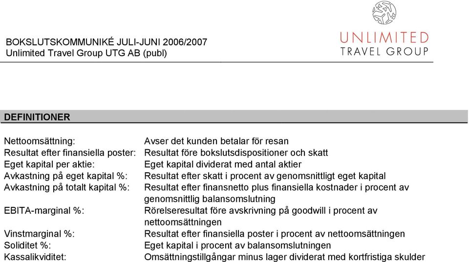 finansiella kostnader i procent av genomsnittlig balansomslutning EBITA-marginal %: Rörelseresultat före avskrivning på goodwill i procent av nettoomsättningen Vinstmarginal %: Resultat