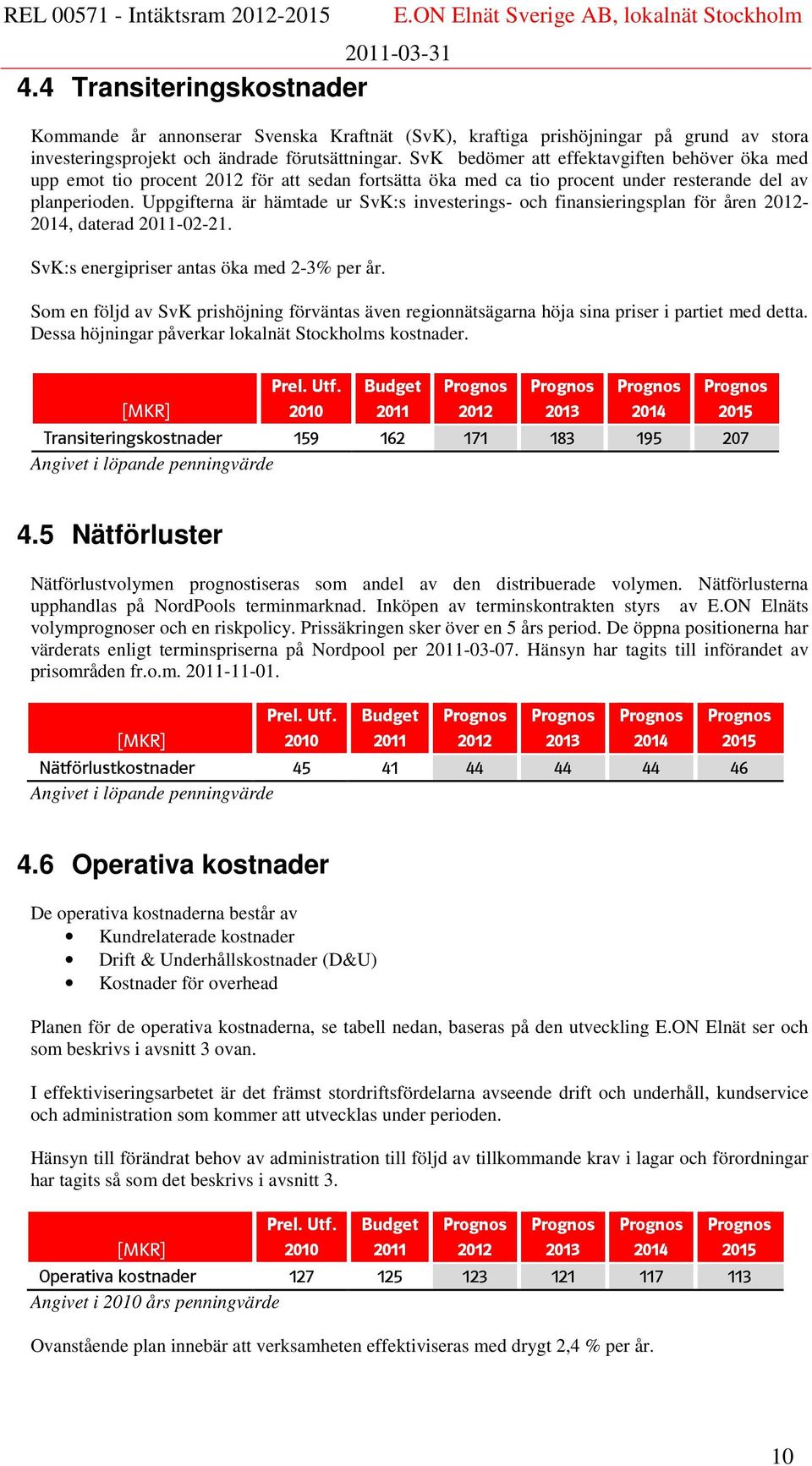 Uppgifterna är hämtade ur SvK:s investerings- och finansieringsplan för åren 2012-2014, daterad 2011-02-21. SvK:s energipriser antas öka med 2-3% per år.