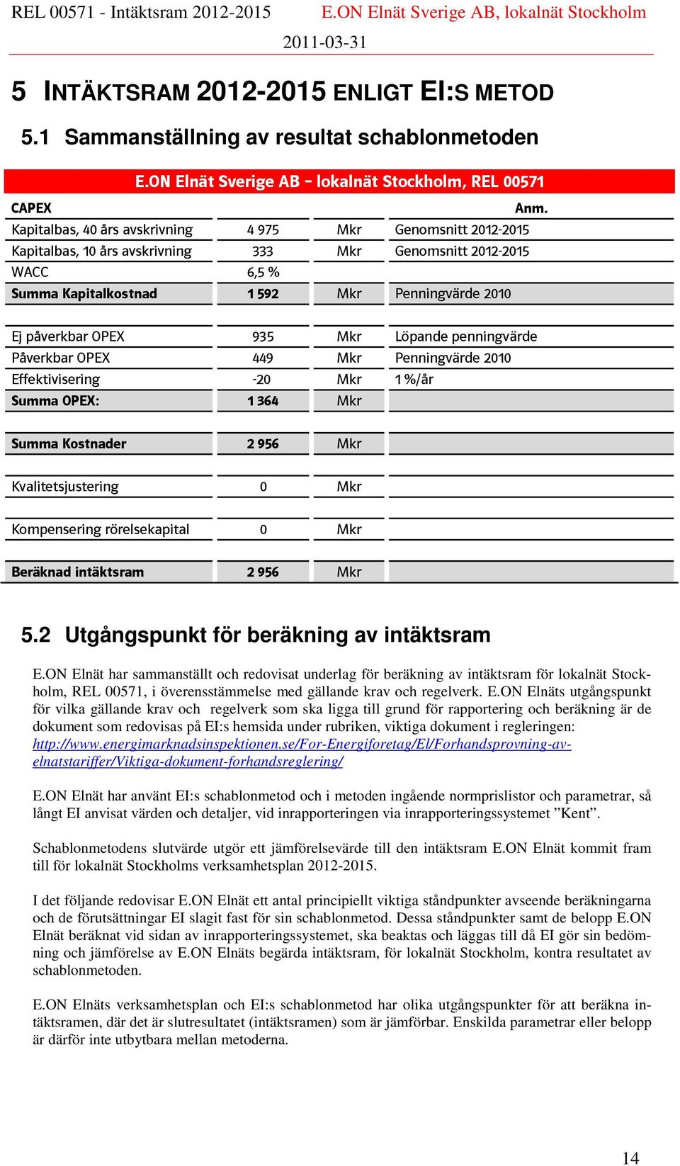 935 Mkr Löpande penningvärde Påverkbar OPEX 449 Mkr Penningvärde 2010 Effektivisering -20 Mkr 1 %/år Summa OPEX: 1 364 Mkr Summa Kostnader 2 956 Mkr Kvalitetsjustering 0 Mkr Kompensering