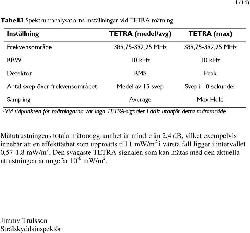 i drift utanför detta mätområde Mätutrustningens totala mätonoggrannhet är mindre än 2,4 db, vilket exempelvis innebär att en effekttäthet som uppmätts till 1 mw/m 2 i värsta