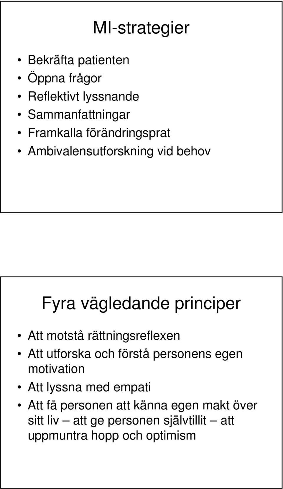 rättningsreflexen Att utforska och förstå personens egen motivation Att lyssna med empati Att