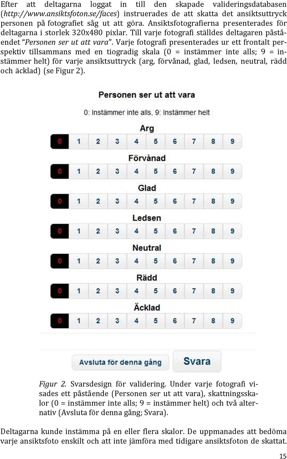 Varje fotografi presenterades ur ett frontalt perspektiv tillsammans med en tiogradig skala (0 = instämmer inte alls; 9 = instämmer helt) för varje ansiktsuttryck (arg, förvånad, glad, ledsen,