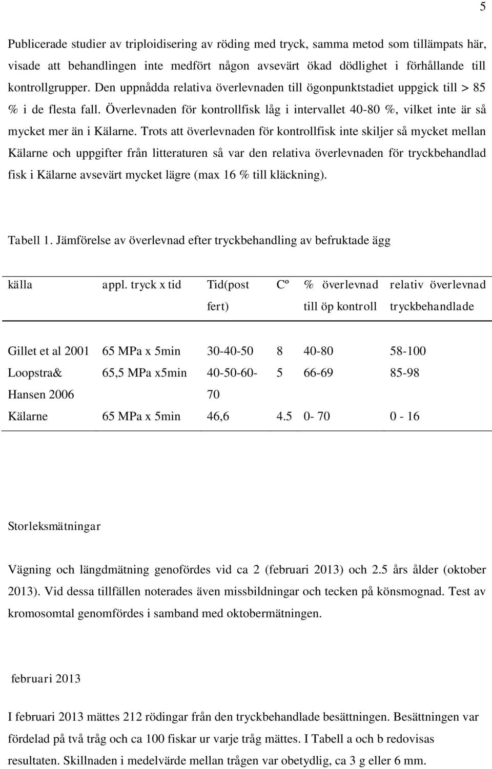 Trots att överlevnaden för kontrollfisk inte skiljer så mycket mellan Kälarne och uppgifter från litteraturen så var den relativa överlevnaden för tryckbehandlad fisk i Kälarne avsevärt mycket lägre