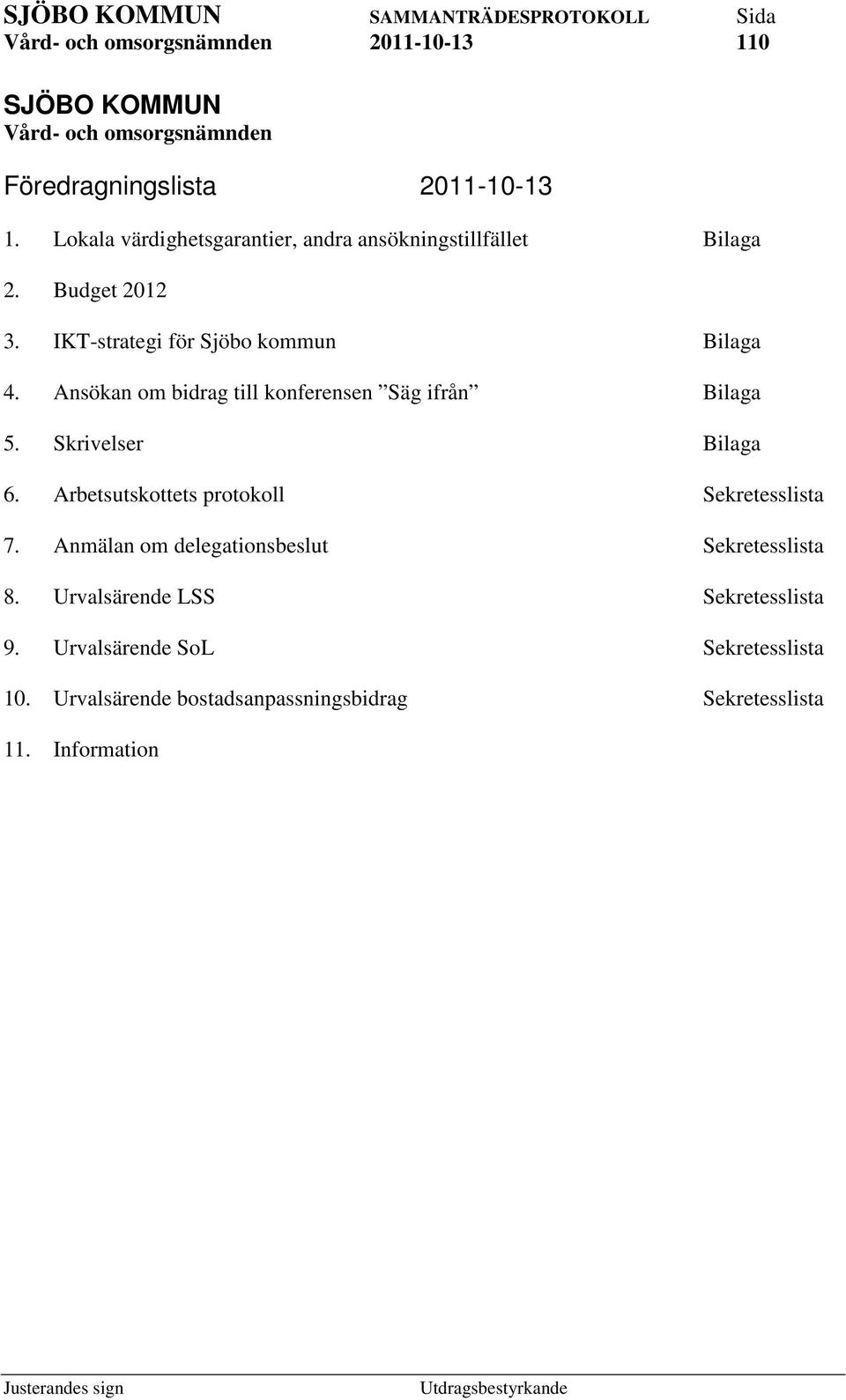 Ansökan om bidrag till konferensen Säg ifrån Bilaga 5. Skrivelser Bilaga 6. Arbetsutskottets protokoll Sekretesslista 7.