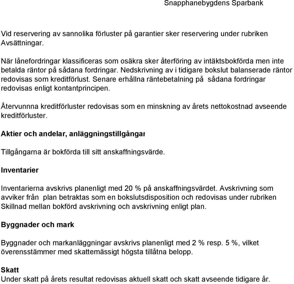 Nedskrivning av i tidigare bokslut balanserade räntor redovisas som kreditförlust. Senare erhållna räntebetalning på sådana fordringar redovisas enligt kontantprincipen.