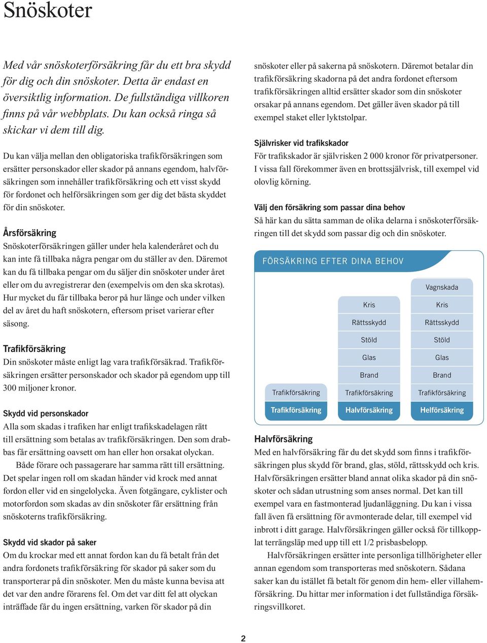 Du kan välja mellan den obligatoriska trafikförsäkringen som ersätter personskador eller skador på annans egendom, halvförsäkringen som innehåller trafikförsäkring och ett visst skydd för fordonet