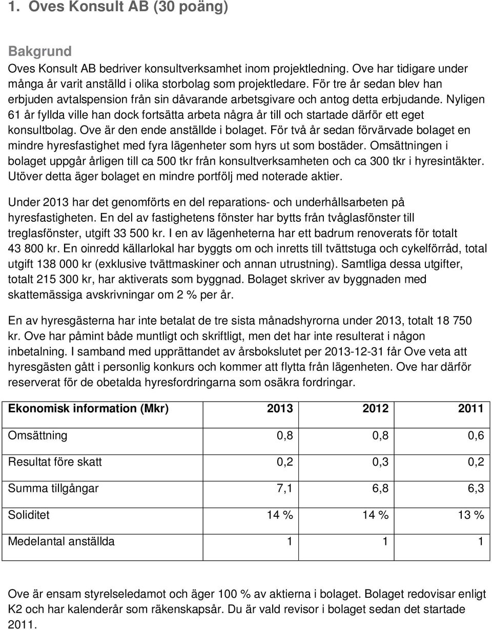 Nyligen 61 år fyllda ville han dock fortsätta arbeta några år till och startade därför ett eget konsultbolag. Ove är den ende anställde i bolaget.