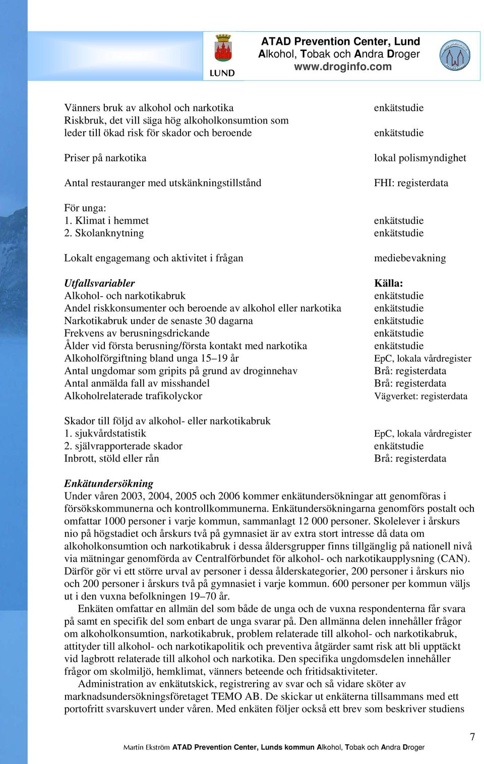 Skolanknytning enkätstudie Lokalt engagemang och aktivitet i frågan Utfallsvariabler Alkohol- och narkotikabruk Andel riskkonsumenter och beroende av alkohol eller narkotika Narkotikabruk under de