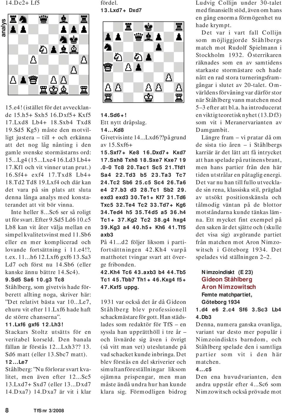 Sf4+ exf4 17.Txd8 Lb4+ 18.Td2 Td8 19.Lxf4 och där kan det vara på sin plats att sluta denna långa analys med konstaterandet att vit bör vinna. Inte heller 8...Sc6 ser så roligt ut för svart. Efter 9.