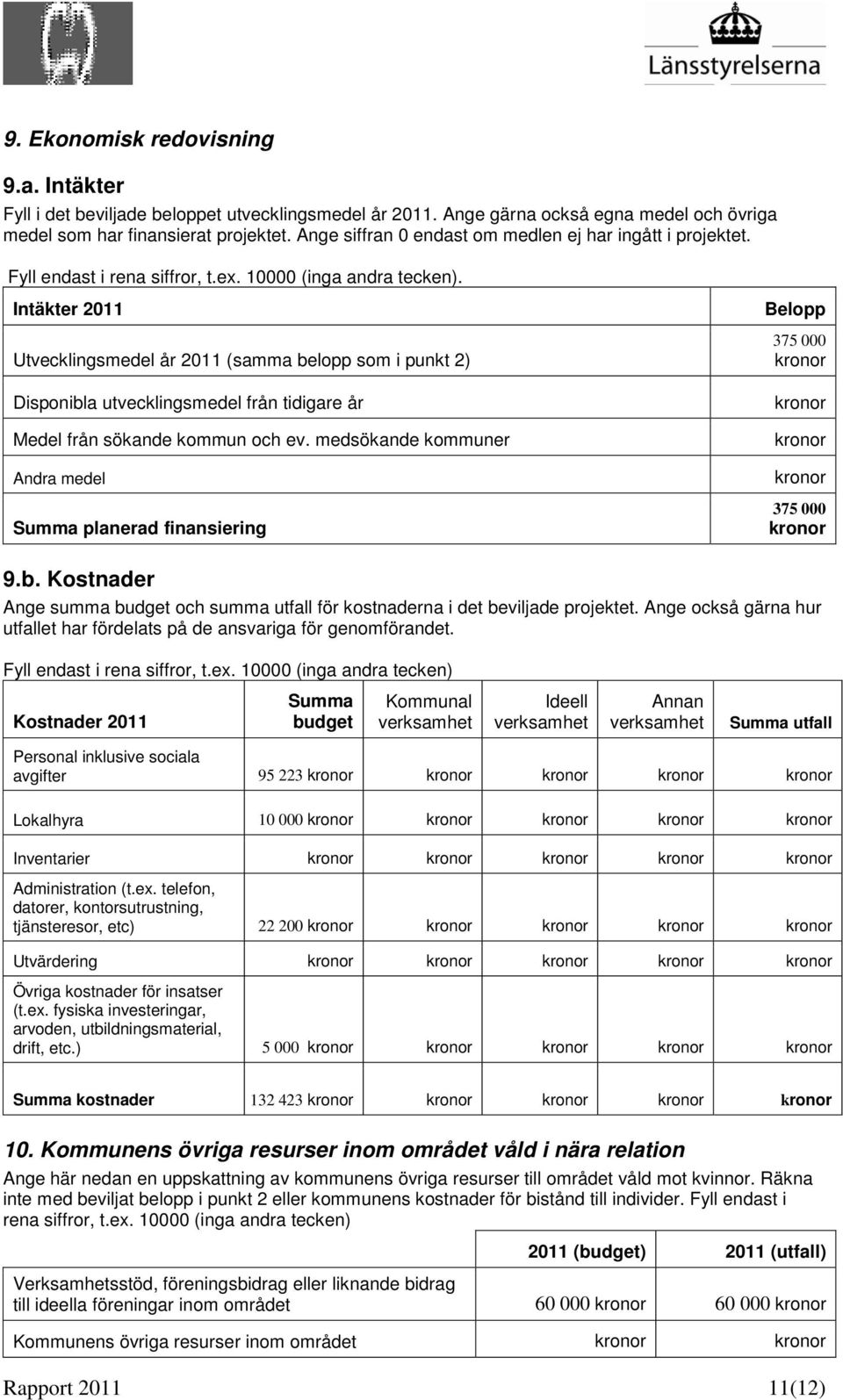 Intäkter 2011 Utvecklingsmedel år 2011 (samma belopp som i punkt 2) Disponibla utvecklingsmedel från tidigare år Medel från sökande kommun och ev.