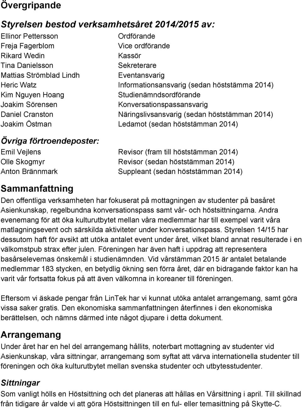 höststämman 2014) Joakim Östman Ledamot (sedan höststämman 2014) Övriga förtroendeposter: Emil Vejlens Revisor (fram till höststämman 2014) Olle Skogmyr Revisor (sedan höststämman 2014) Anton