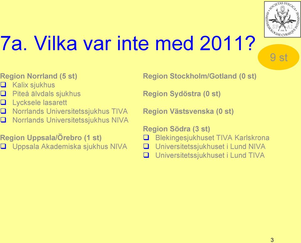 TIVA Norrlands Universitetssjukhus NIVA Region Uppsala/Örebro (1 st) Uppsala Akademiska sjukhus NIVA Region